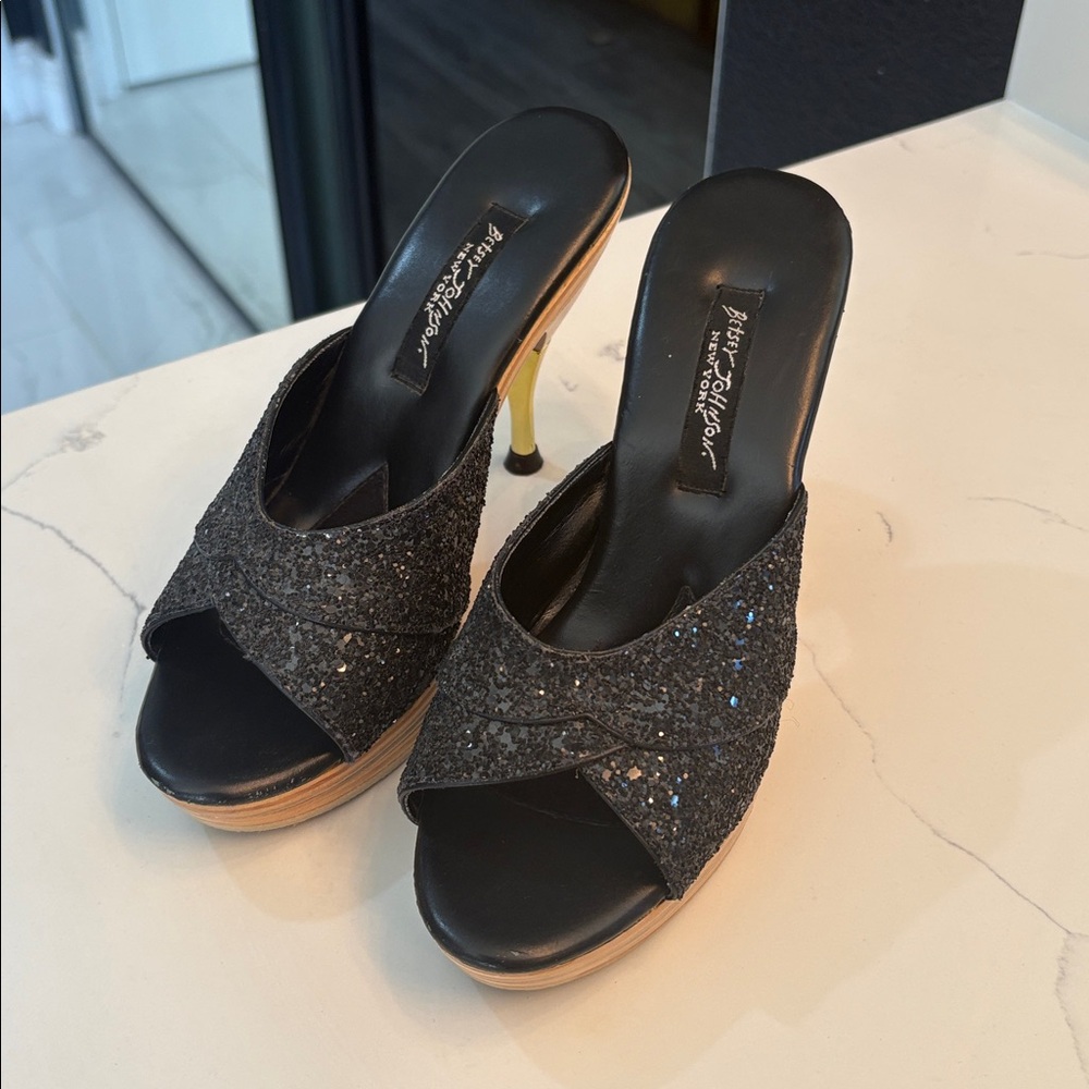 Y2K Betsy Johnson, glitter, poly, sex kitten mules Black Glitter Heels Sandals
